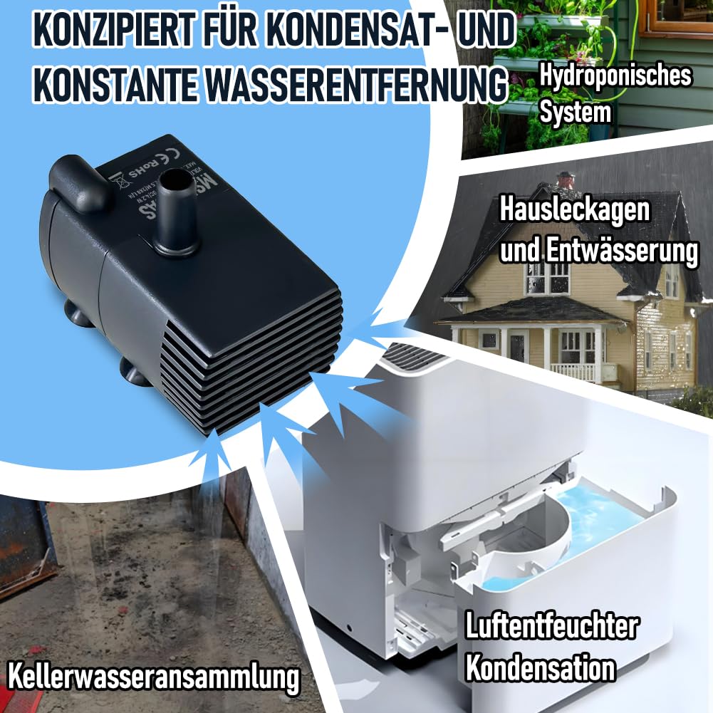 Automatische kleine Tauchpumpe mit Wassersensor, 2,5m 280L/h Mini-Kondensatpumpe, Wasserablauf für Entfeuchter, Klimaanlage, Eismaschine, Keller, Bautrockner, automatisches Ein Aus