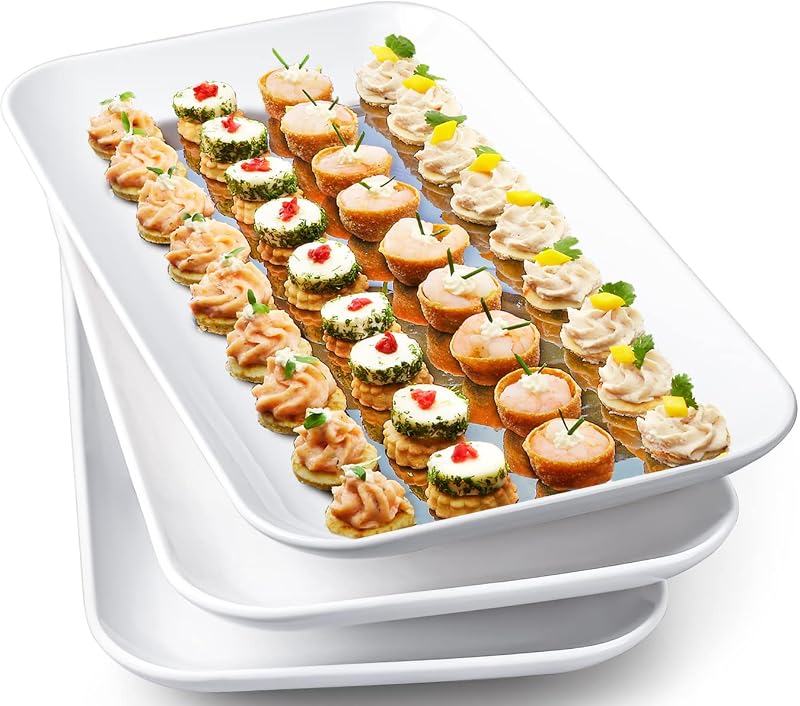 Juego de 3 platos grandes de 14.0 in para servir de porcelana blanca para entretenimiento, platos rectangulares para fiesta de aperitivos de carne de pavo, horno, microondas y lavavajillas
