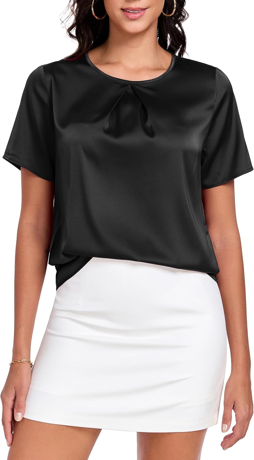 Wantschun Womens Silk Satin Shirt Casual Short Sleeve Blouse Basic Round Neck Pleated Work Tops - Image 5