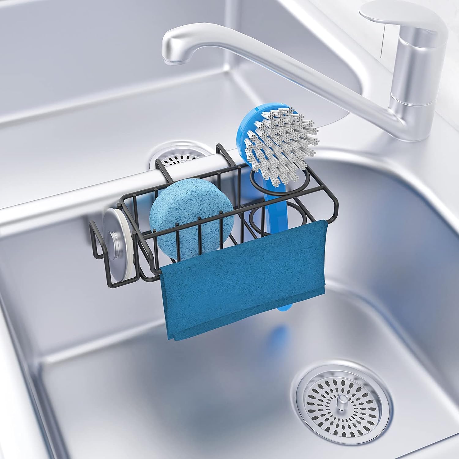 KeFanta Sponge Holder for Kitchen Sink, Black Sink Caddy Organizer, Dish Brush Holder, Hanging Sponge Caddy, in Sink Dish Scrubber Holder, Over The Sink Sponge Caddy with Hook