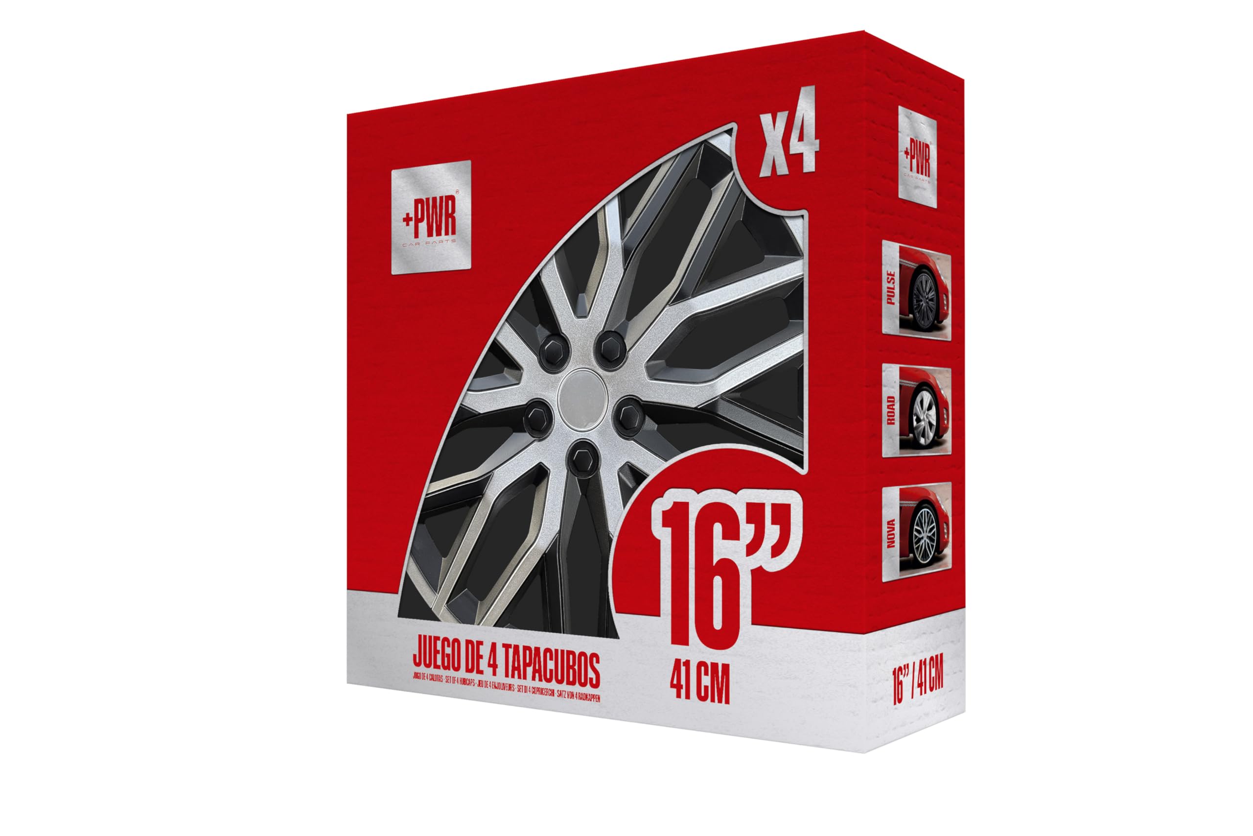 Copricerchi 16" Nova Nero/Argento, Set di 4 unità, Universali, ABS ad alto impatto, Fissaggio a pressione, Design moderno e ventilazione ottimizzata