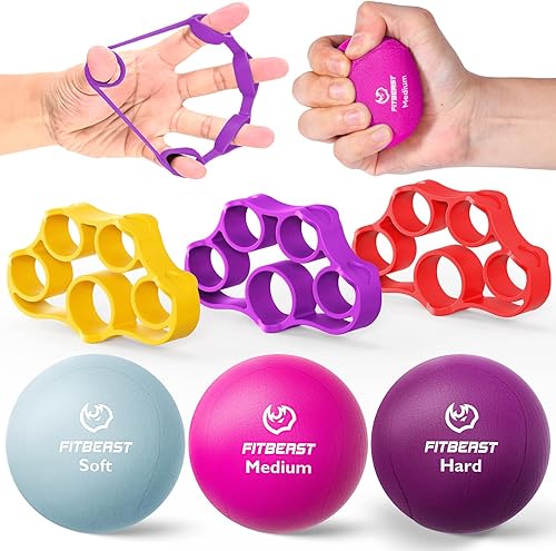 FitBeast Grip Strength Trainer 6 Pieces Hand Therapy Kit with Finger Extension Exerciser & Stress Balls for Adults, Rehab & Strength Training for