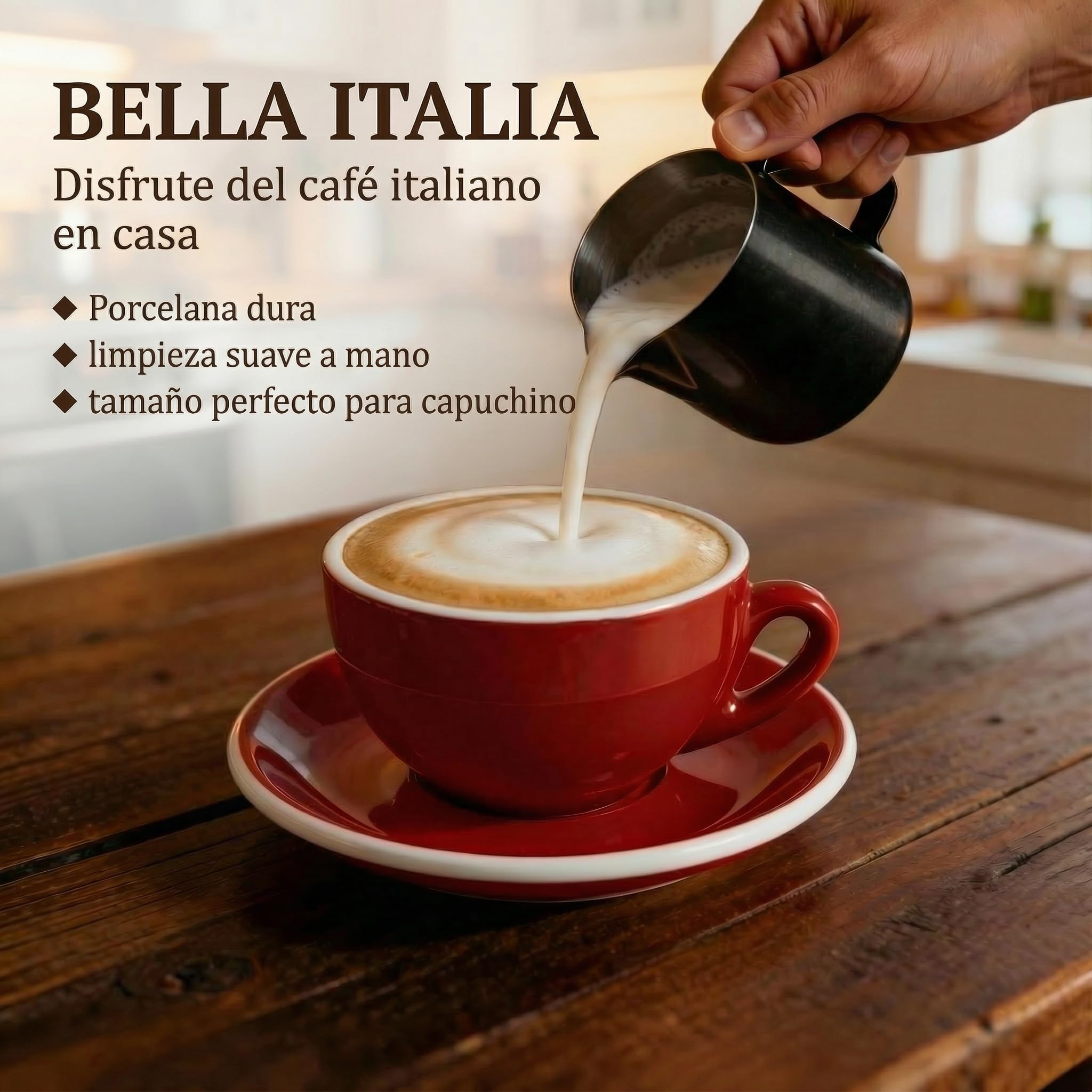 Juego de 6 tazas de Capuchino 200 ml | Rojo | Estilo italiano | Pared gruesa y pesada | Apto para lavavajillas - Caja regalo