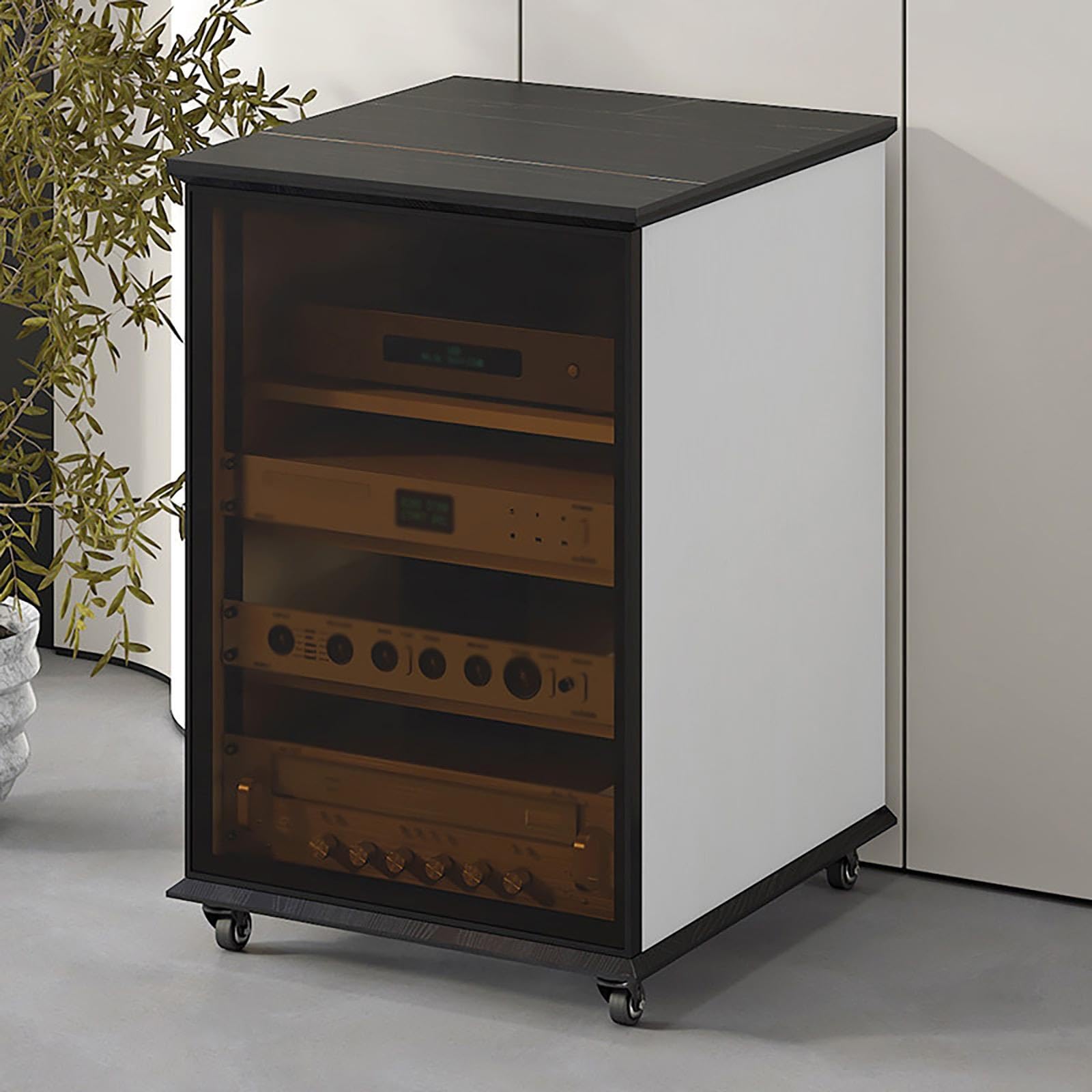 Torre AV multimedia, mueble estéreo con estantes, ruedas y vidrio templado