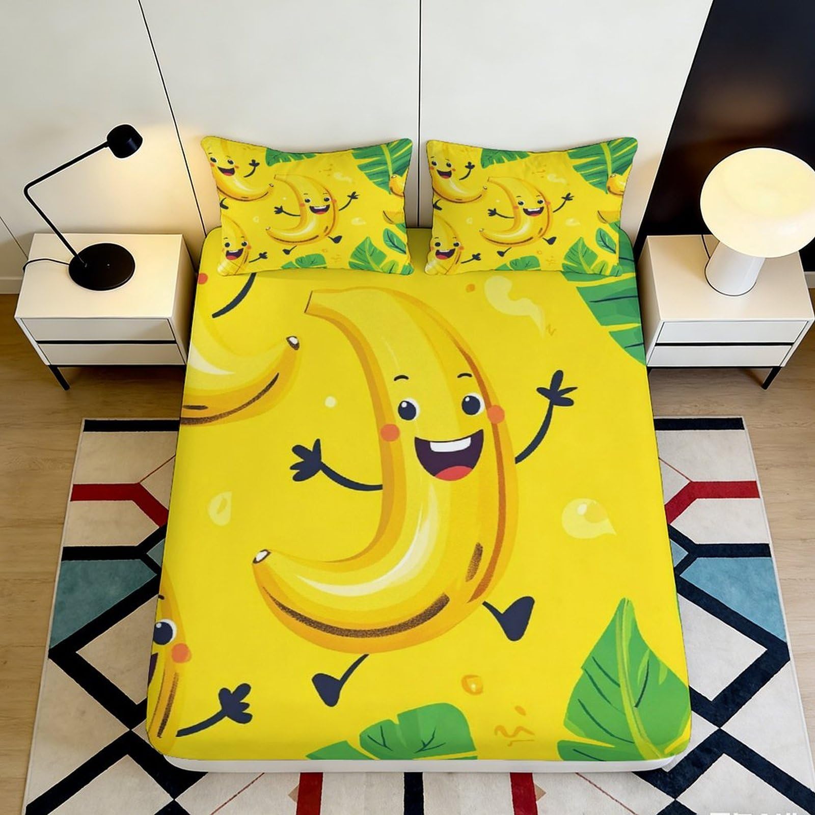 Dhbaneiok Style-1 3D Printed Cartoon Banana Fitted Sheet Microfiber Soft Yellow Leaf Bed Cover For Bedroom Guest Room Mattress Protection Decor 90X200x25cm