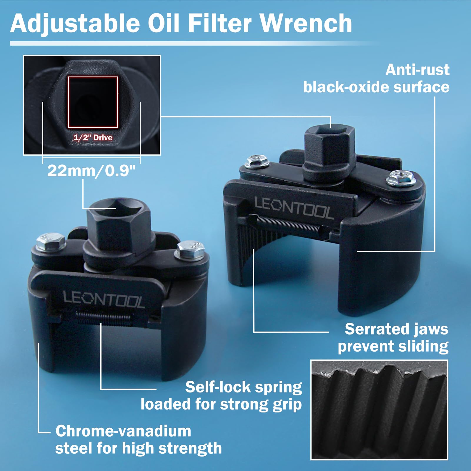 LEONTOOL Lot de 2 clés réglables pour filtre à huile – 2 mâchoires 60–80 mm et 80–105 mm, outil de démontage robuste, douille universelle, entraînement 1/2"