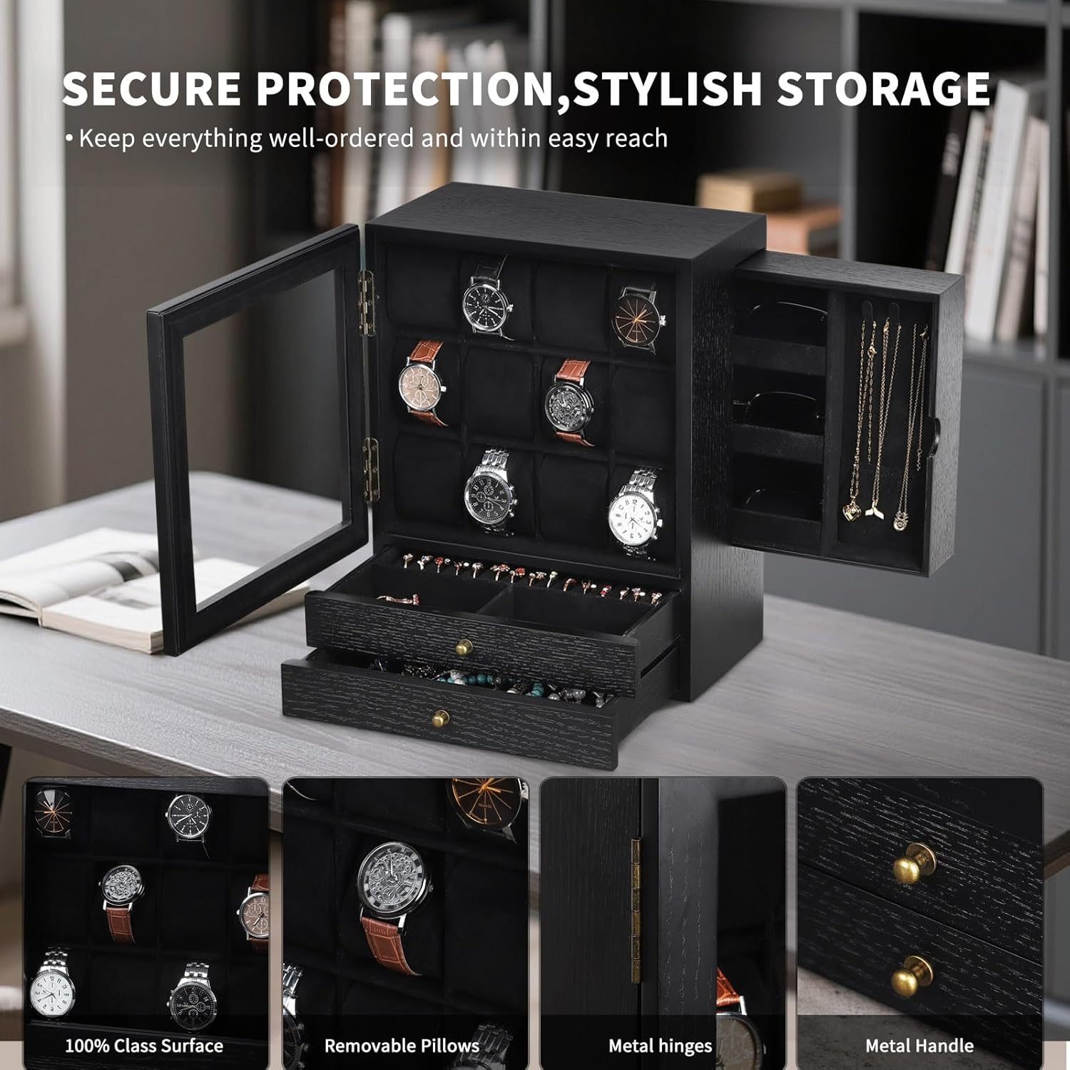 AUTOARK Wooden Watch Eyeglass Jewelry Box with Glass Front,12-Slot Vertical Display Case with 2 Drawers,Velvet Lining,Dresser Organizer for Men Women,Space-Saving Sunglass Storage,Black,MKAW081