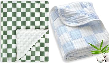 2 Pack Checkerboard Baby Blanket for Boys Sage 30x40 Inches + Muslin Baby Blanket Neutral Versatile 6 Layers Blue Checkered 43 x 43 Inches