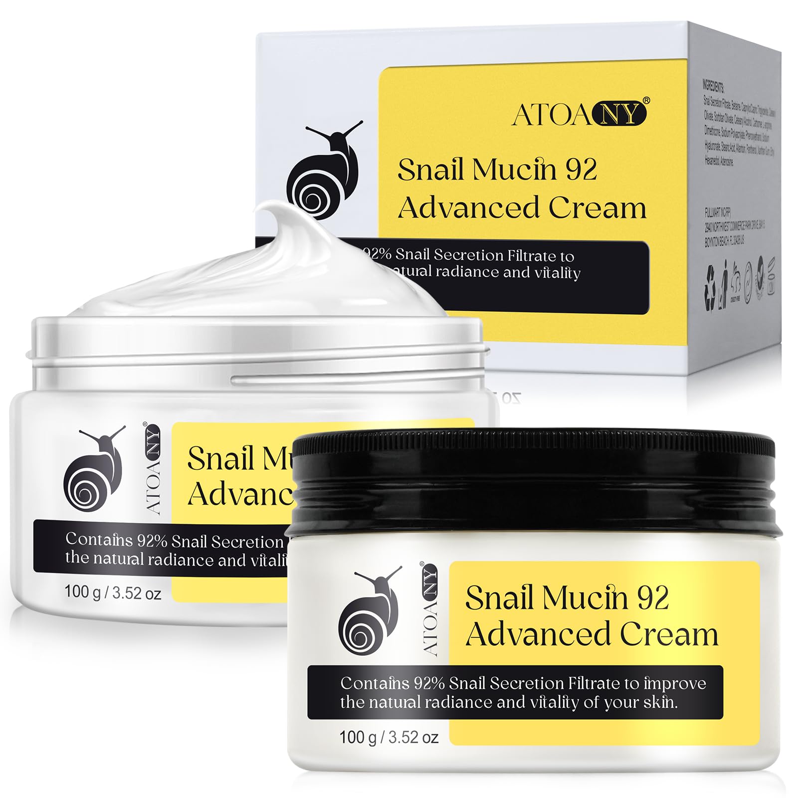 Snail Mucin 92% Moisturizer - 2Pack Original Crema De Baba De Caracol, Advanced Gel Cream for Hydrating & Repairing Skin, 3.52fl oz