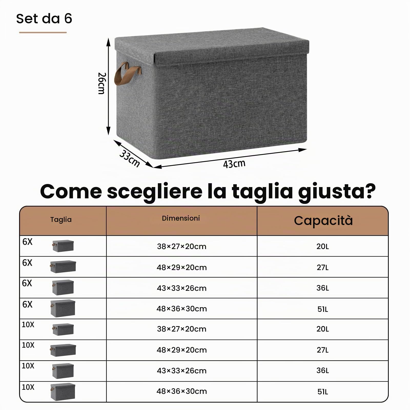 WOLTU Scatole portaoggetti in Tessuto 6 Pezzi, Contenitori pieghevoli con Coperchio e Maniglie, per Vestiti da Armadio, Grigio, 43x33x26cm