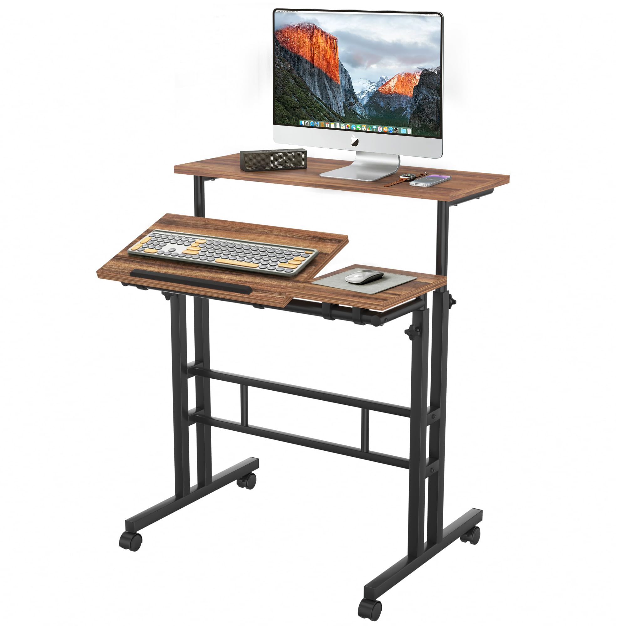 VECELO Mobile Small Standing Desk Adjustable Height, Computer Workstations with Tiltable Tabletop, Lockable Wheels, Portable Rolling Laptop Desk for