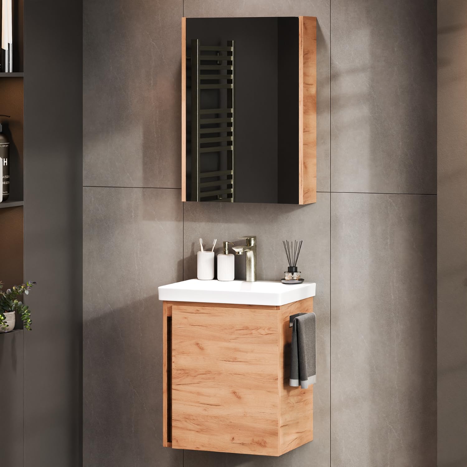 Planetmöbel Waschtisch mit Unterschrank 50 cm inkl. Spiegelschrank 50cm, Badmöbel Set mit Waschbecken, hängend, Gold Eiche
