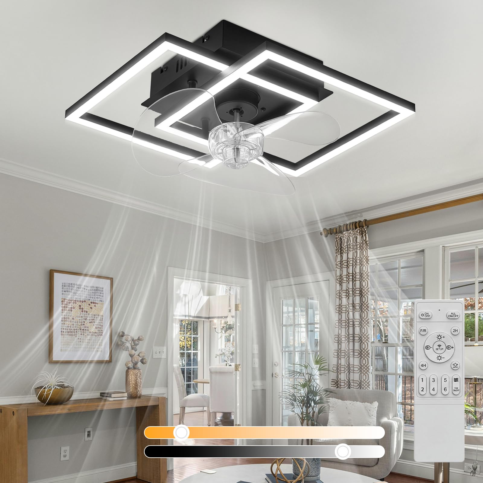 Homefire Ventilador de techo con luz - LED lampara Ventilador techo silencioso y mando a distancia negro 3000-6500K Dimmable moderno ventiladores de techo 6 velocidades motor DC para Dormitorio