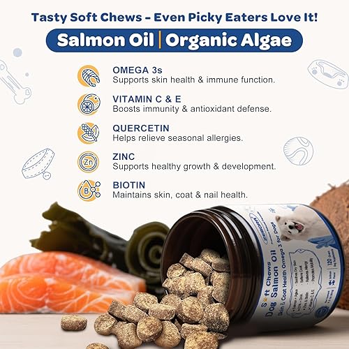 Miniatura 2 de ZEBORA Aceite de salmón para la piel y el pelaje de los perros, Omega 3, 6, 9, aceite de pescado suave masticable para el alivio de la picazón en la