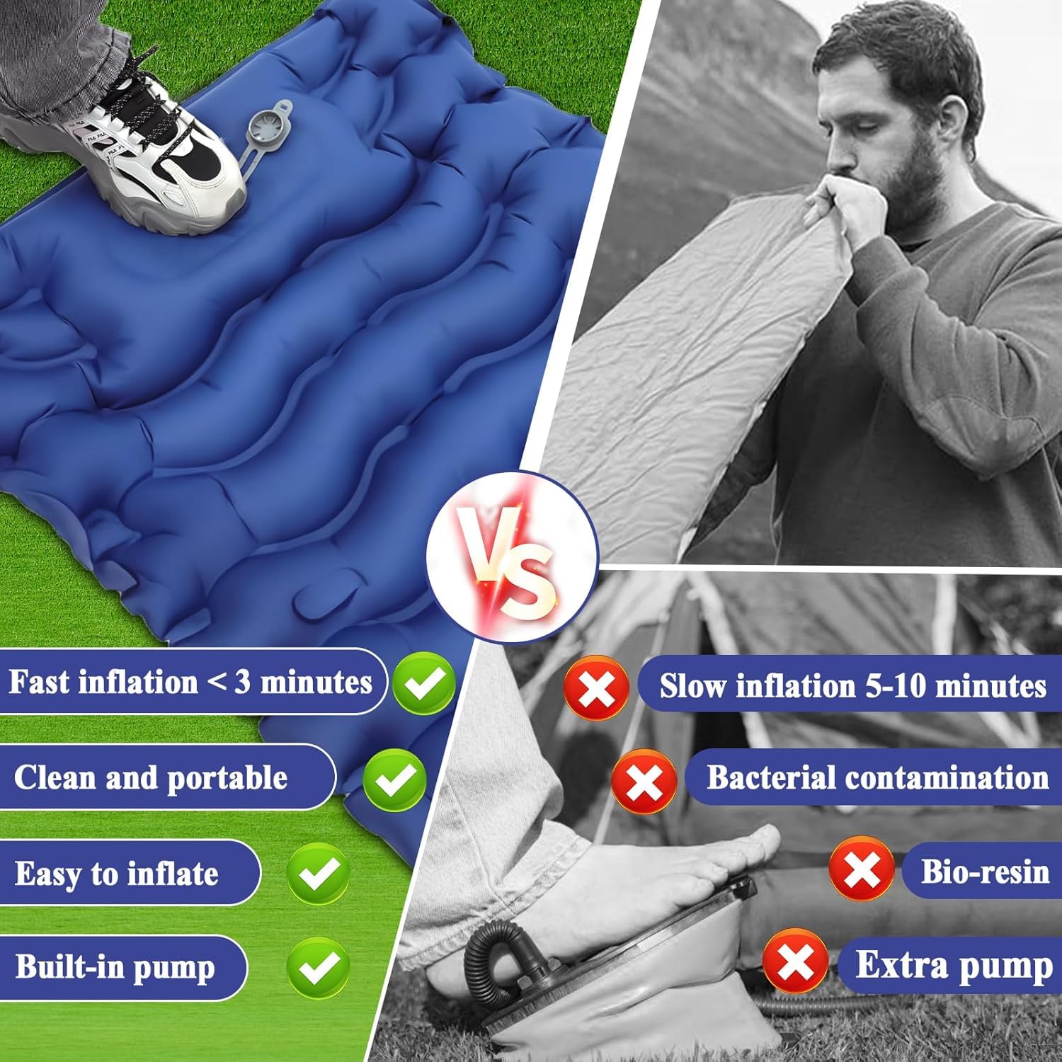 Selbstaufblasende Isomatte Camping, Isomatte Ultraleicht mit Fußpumpe & Kissen | Luftmatratze Kleines Packmaß, wasserdichte Reisematratze für Camping/Trekking/Angeln/Winter inkl. Reparaturset