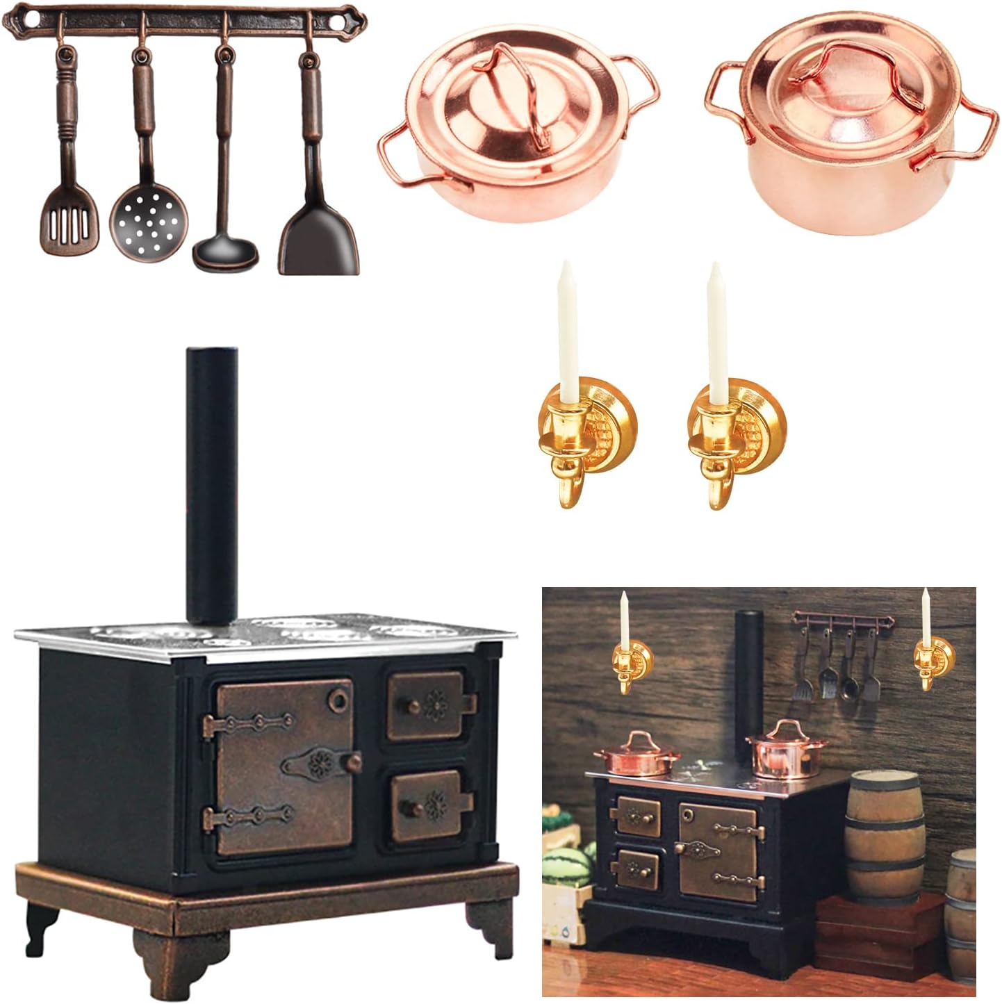 Hiawbon 1/12 Miniature Furniture Cooking Stove Mini Retro Metal With Wall Candle Holder Pots Spoon Shovel Cookware Tools For 1:12 Scale Kitchen Decoration