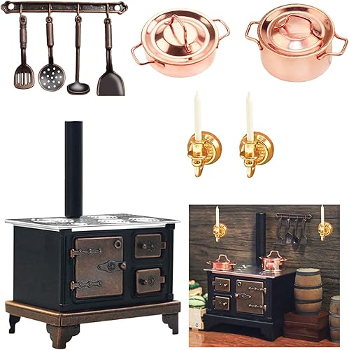 Estufa de cocina de muebles en miniatura 1/12, mini estufa de metal retro con portavelas de pared en miniatura, mini ollas, mini cuchara, pala,