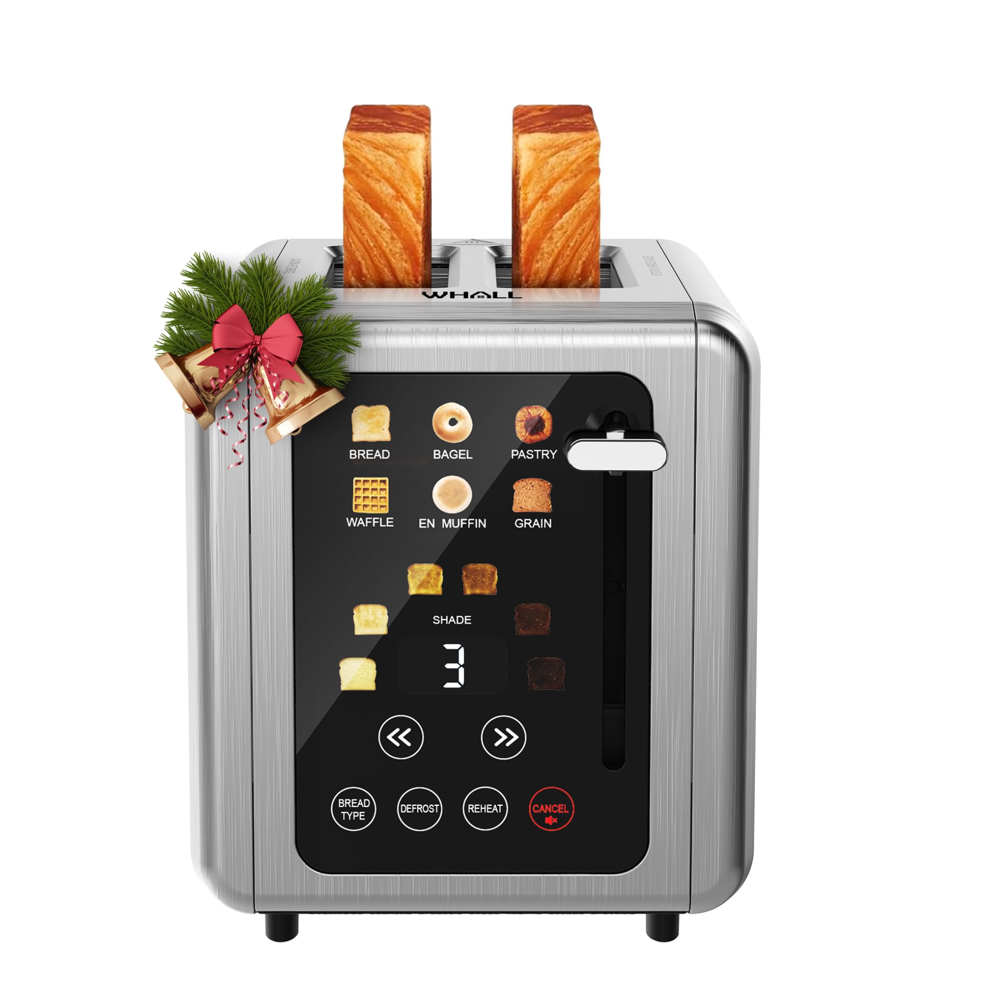 WHALL Touch Screen Toaster 2 Slice,Smart Digital Toaster with 1.5" Wide Slots,6 Shade Settings & 6 Bread Types,Memory Function,Countdown Timer,Brushed Stainless,Ideal Kitchen Gift & Essential