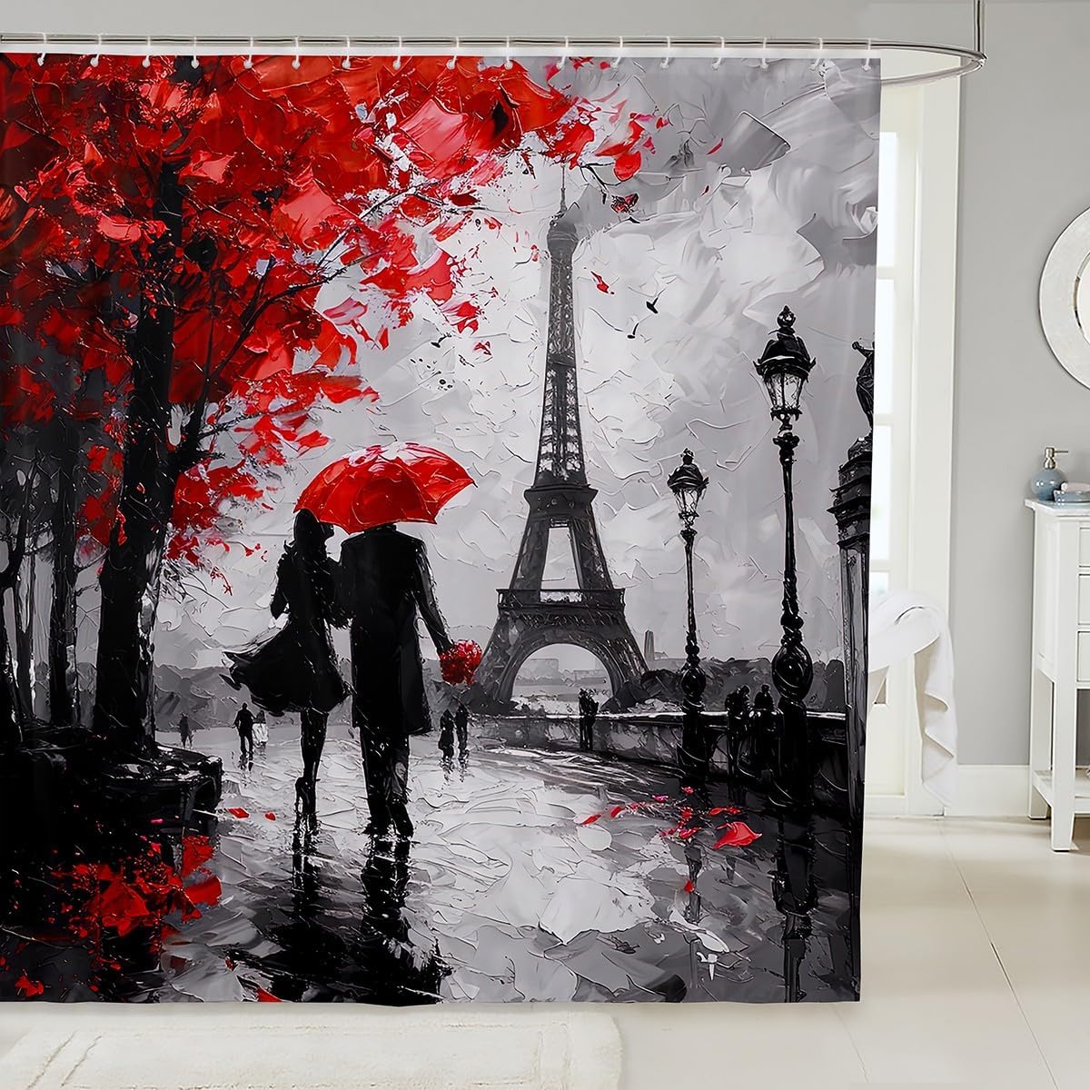 jejeloiu Red Eiffel Tower Shower Curtain 72"x78" Couple Valentine's Day Bathroom Shower Curtain Set for Girls Women Lover Romantic Paris Bath Curtain France Trip Bathroom Accessories