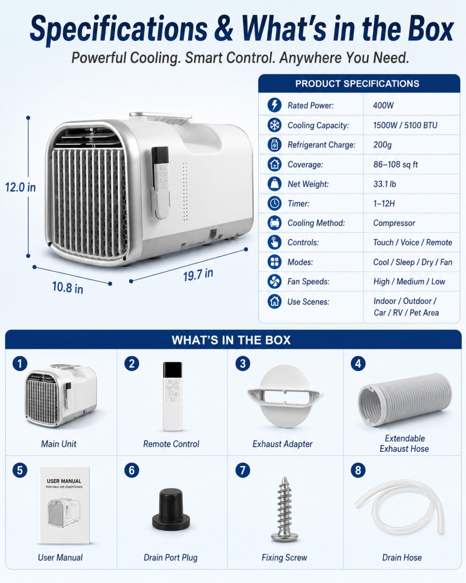Przenośny klimatyzator 5100 BTU, mobilny klimatyzator na kemping, namiot, sypialnię, ciężarówkę, samochód kempingowy i na zewnątrz, 400 W, timer 1-12H, 4 tryby, 7,4-9,3 m²