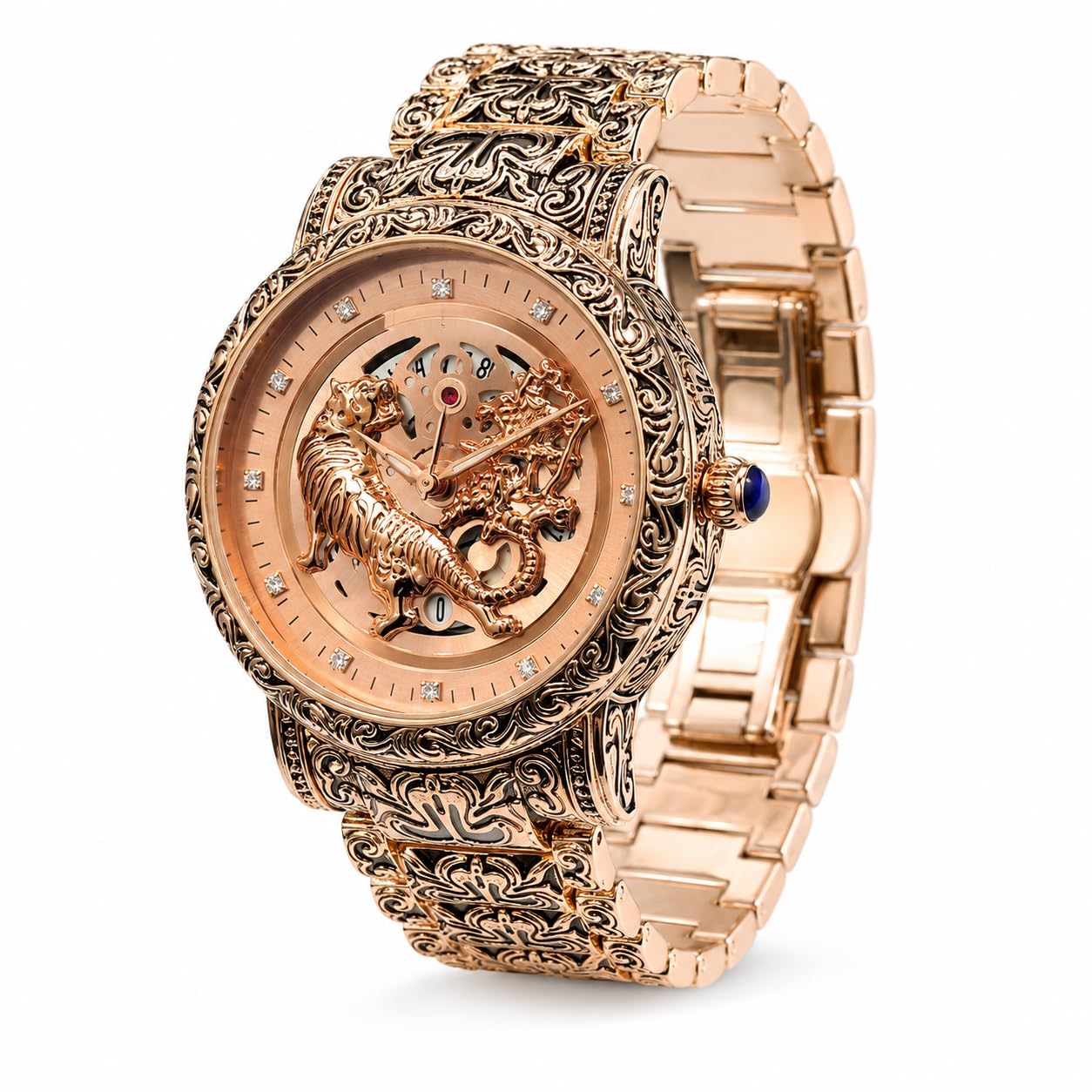 Tiger Light Coffee Mechanical Skeleton Watch for Men Gold Stainless Steel Analog Wrist Watch Luxury Automatic Watches for Men Dragon Dial Chronograph Style Premium Chain Watch-image-44