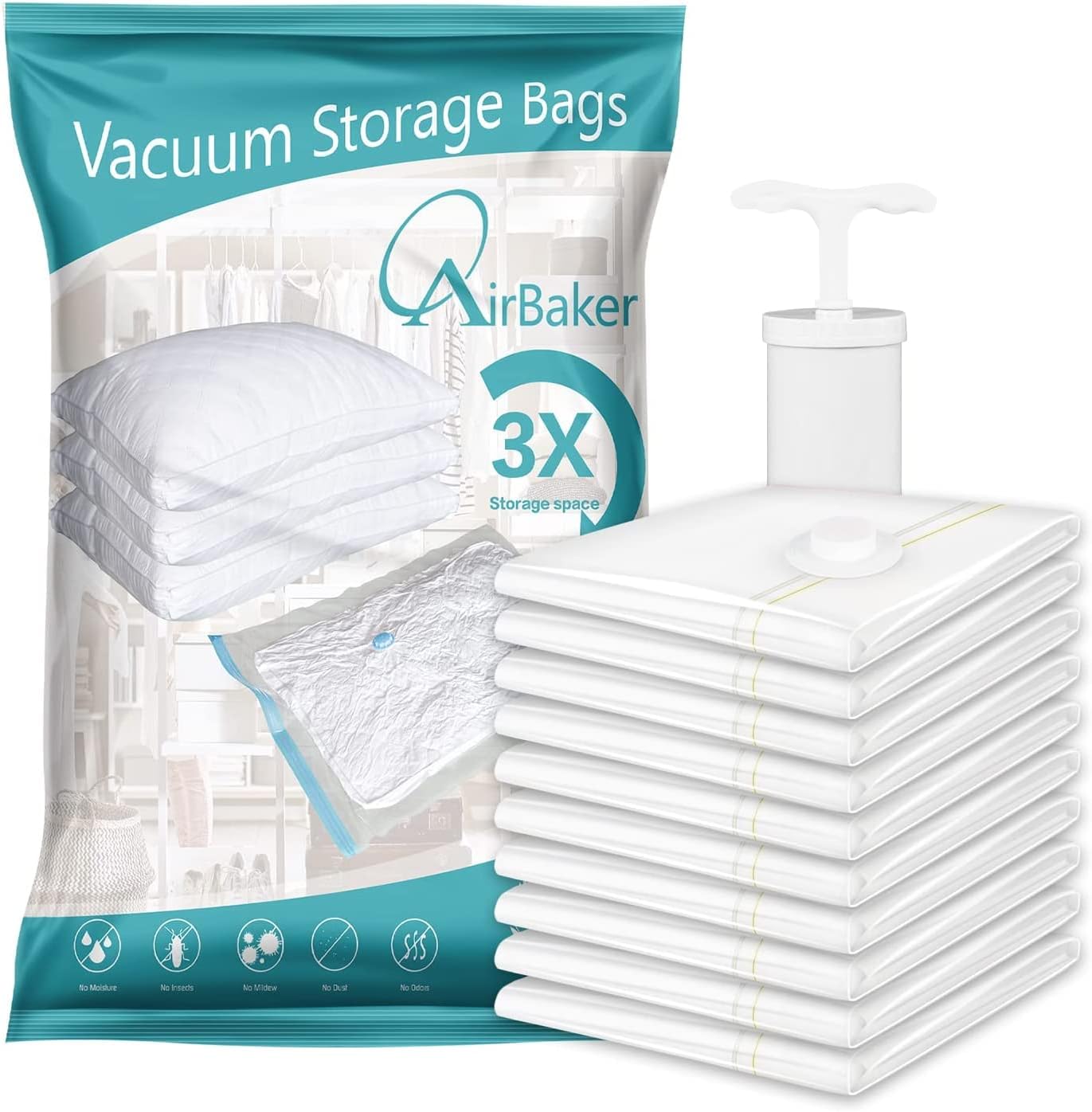 16 Pack Space saver Vacuum Storage Bags (3 x Jumbo,3 x Large,4 x Medium, 6 x small ) with Pump, Double-Zip Seal and Triple Seal Turbo-Valve 5 Layers Food-grade PA-PE Bags, 80% More Storage!