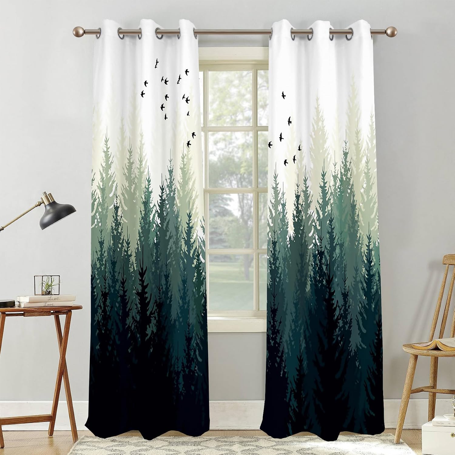 Renaiss Green Forest Blackout Curtains, Nature Wooland Room Darkening Curtains for Bedroom Grommet Top Pine Forest Mountain Window Drapes for Living Room, 42Wx84L inch 2 Panels Set