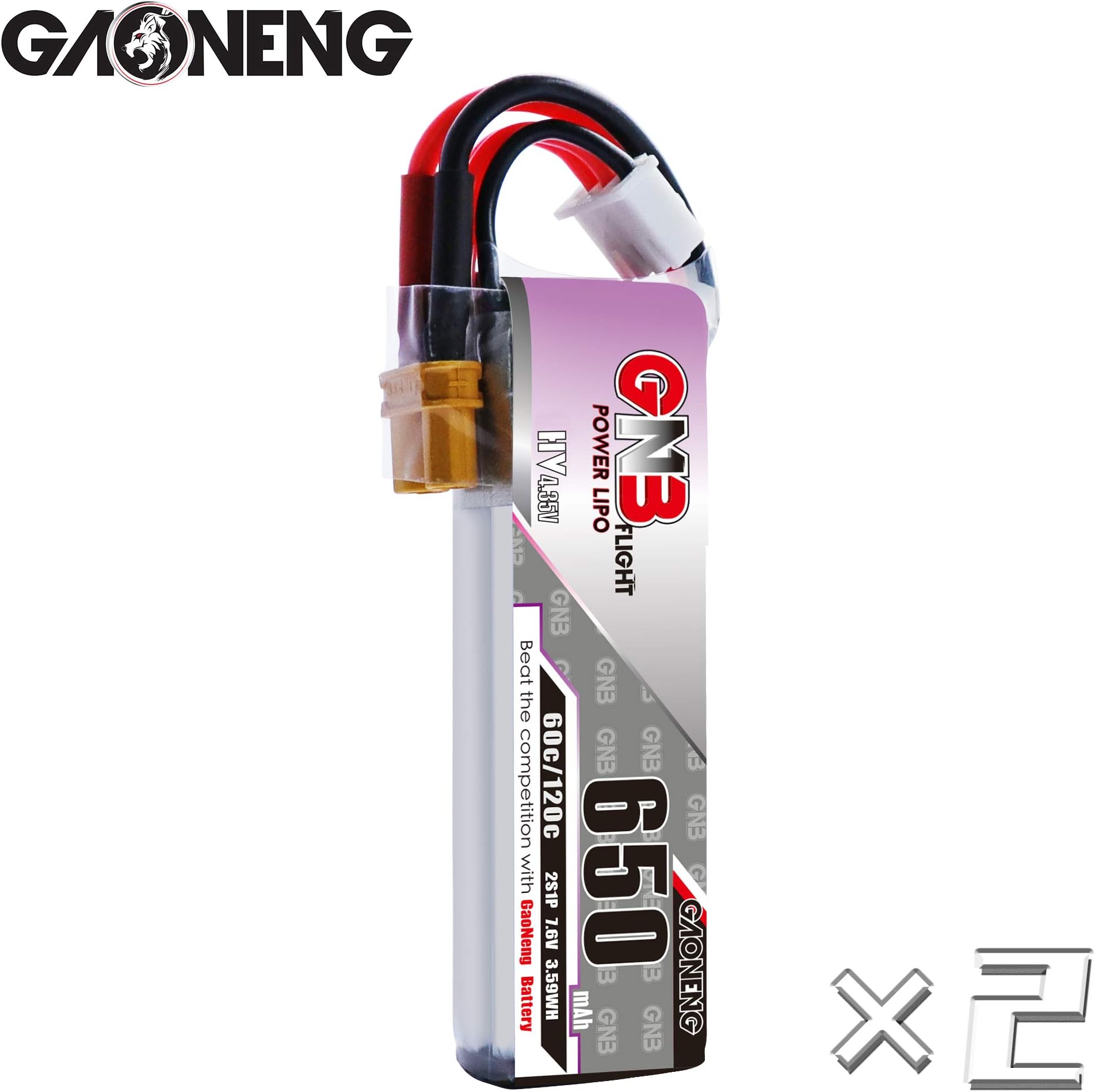 GAONENG GNB 2S LiPo 650mAh XT30 HV 7.6v 60C 2Packs Longer Flying Time with Toothpick FPV