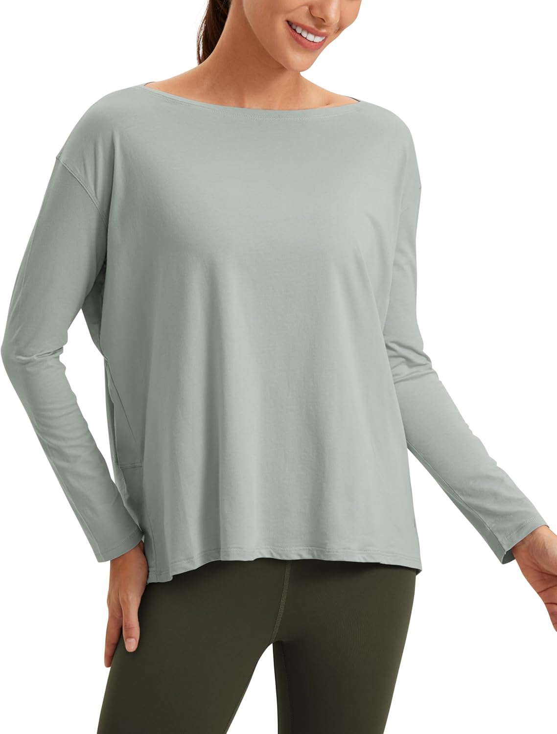 CRZ YOGA Pima Cotton Boat Neck Long Sleeve Shirts for Women - Workout Athletic Yoga Casual Tops Loose Fit Fall T-Shirts