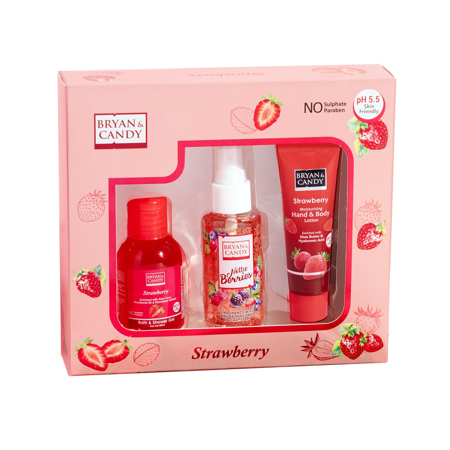 Bryan & Candy Bath Kit Gift set for Women 100% Vegan,Ph5.5 Skin Friendly (Strawberry Bath Kit)