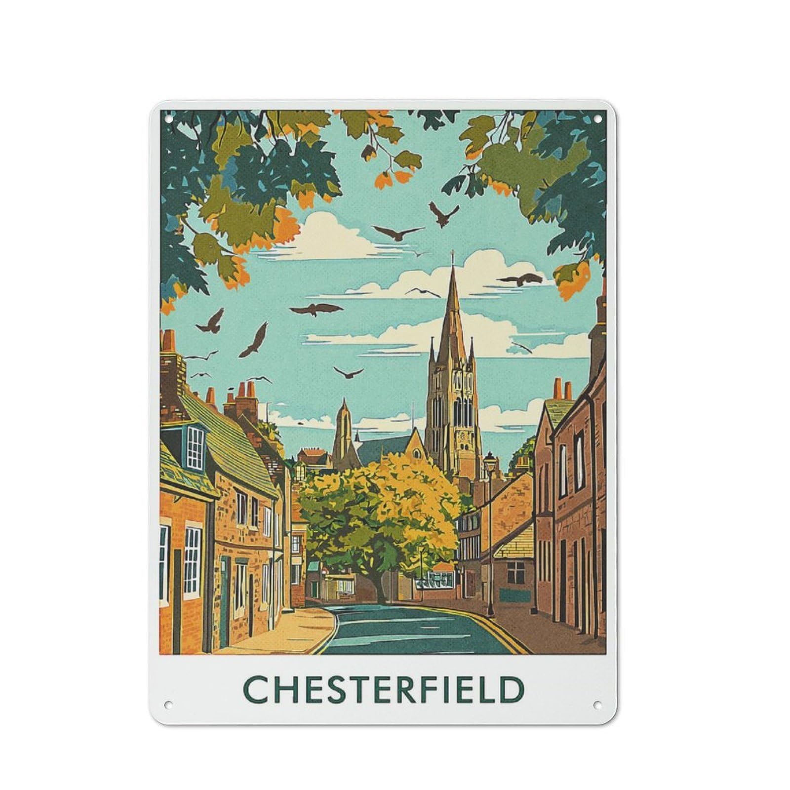 Junmoney Style-23 Chesterfield Town Scene Tin Wall Sign 40X30cm, Loft Style Industrial Wall Decor For Loft, Studio, Office Or Creative Room
