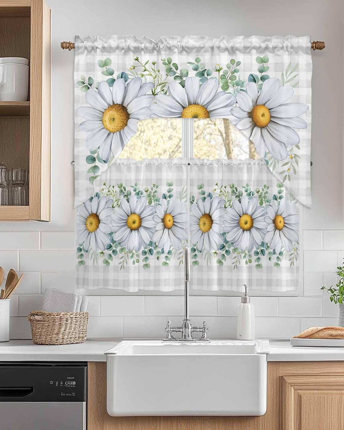 Flower Eucalyptus Kitchen Curtains Swag Valance and Tier Curtains Set 24 Inch Length, Rod Pocket Drape Panels Pair Swag Curtains for Bathroom/Cafe/Window Farmhouse Daisy Buffalo Plaid Check Grey