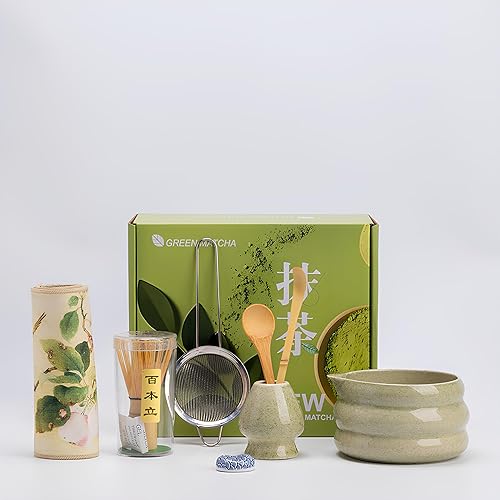 Vista 10 de Green Matcha - Juego de ceremonia de té tradicional japonés, kit completo de 8 piezas con batidor de bambú, cuenco, colador, cuchara, soporte, caja