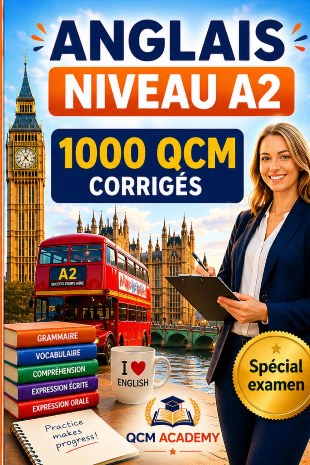 Anglais Niveau A2: 1 000 QCM corrigés | Cahier d'entraînement pour progresser en anglais en autonomie | Vocabulaire, grammaire, conjugaison, expression | CECRL