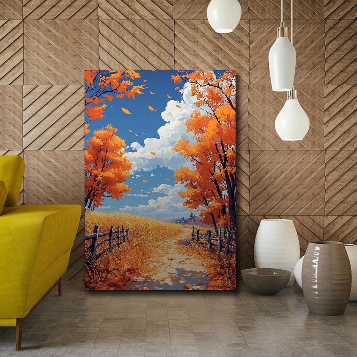 Via Vela Ciel bleu nuages toiles imprimées clôture rustique art mural d’automne sentier d’automne doré encadré affiche paysagère de champ de campagne pour l’entrée décoration de l’étude 70x110cm