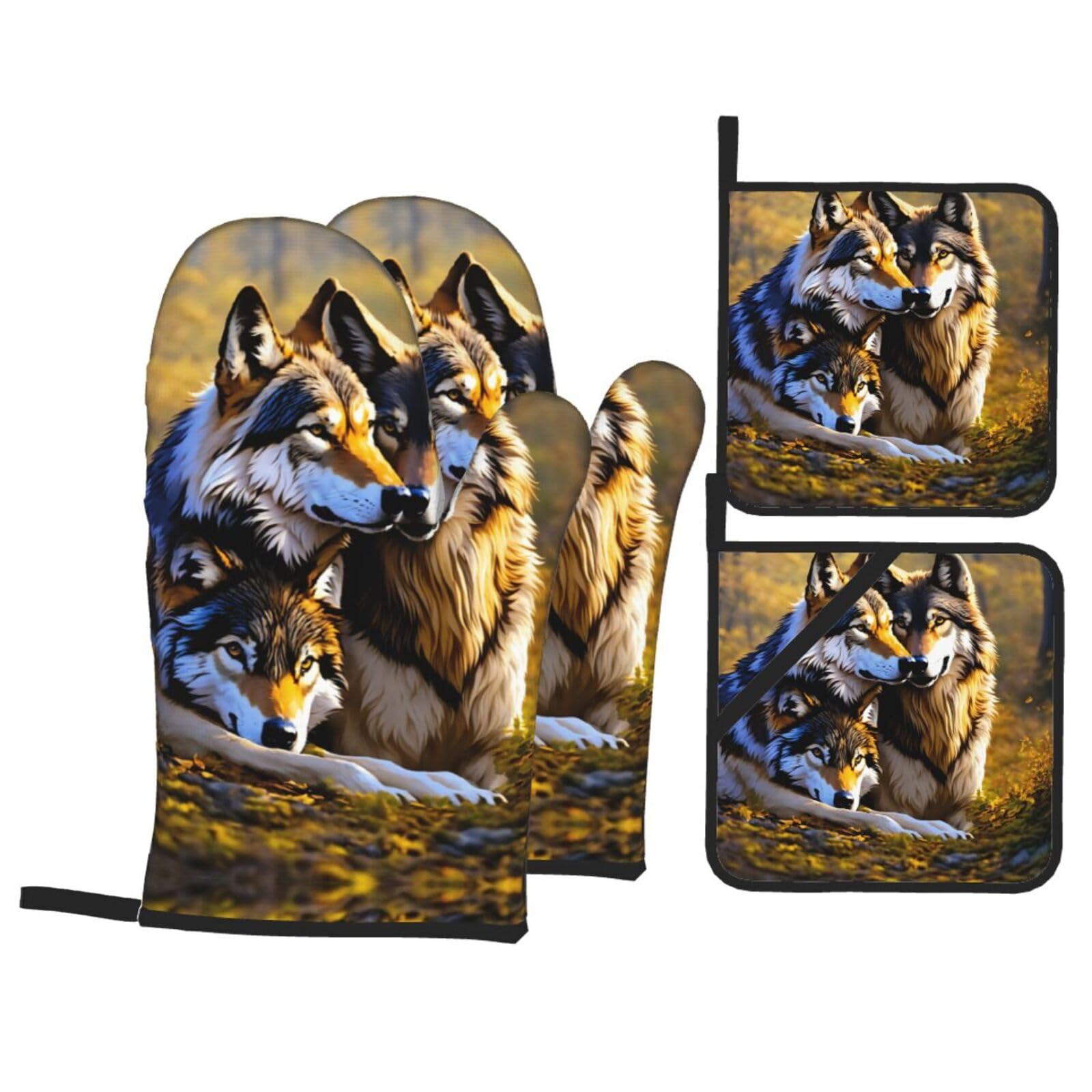 Wolfs Print Oven Microwaving Waterproof Kitchen Gloves for Baking Grilling Holiday Cooking