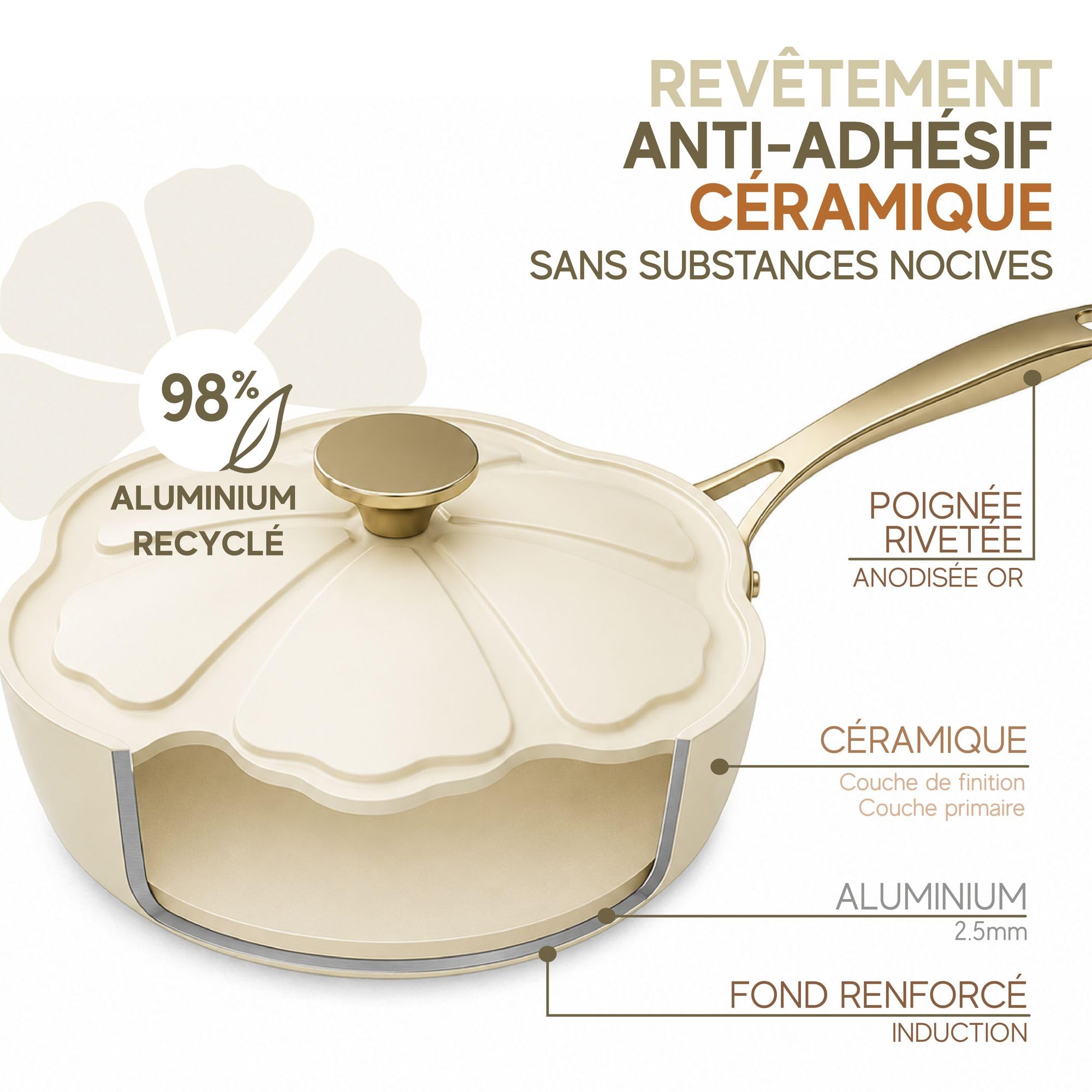 MENASTYL - Sauteuse 24cm Dahlia sans PFAS - Revêtement céramique antiadhésif crème - 98% d'aluminium recyclé - Tous feux dont induction et lave-vaisselle - Poignée rivetée en inox - 6020942