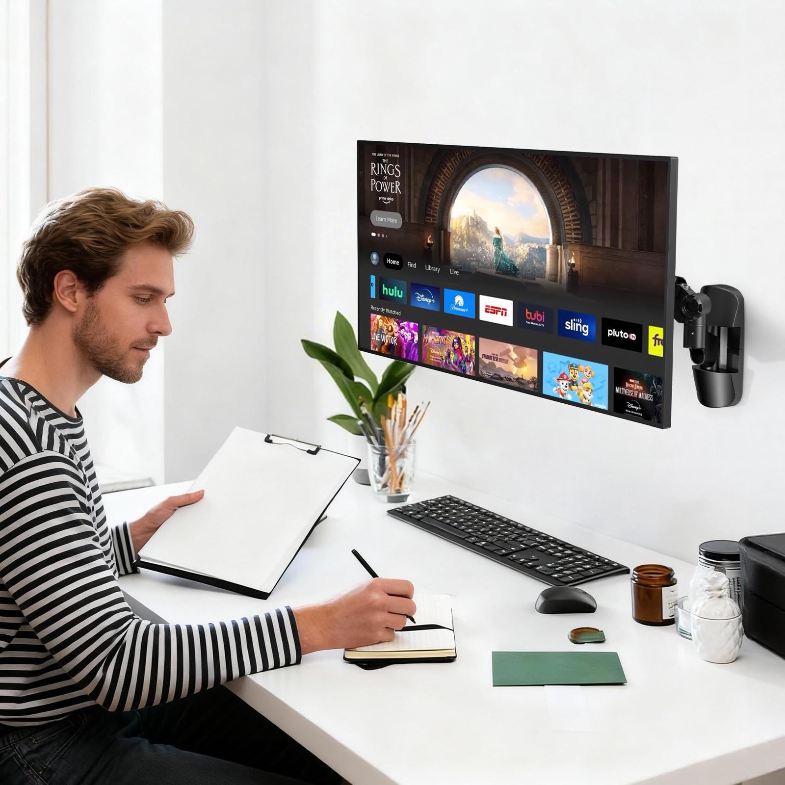 PUTORSEN Support Mural Ecran PC de 17-42 Pouces Écran PC et TV, Bras Ecran PC, Support Ecran PC Mural, Inclinaison, Pivotement, Rotation et Hauteur Réglable, Load 12KG, VESA 75/100 mm