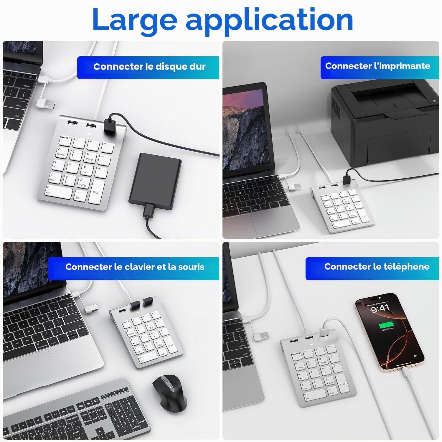 Pavé Numérique Filaire USB-C & USB-A - Mini Pavé Numérique avec 3 Ports USB 2.0, 18 Touches Numpad pour PC Portable/Desktop/iPad, Pavé Numérique USB Compatible Windows/macOS/Chrome OS, Plug & Play
