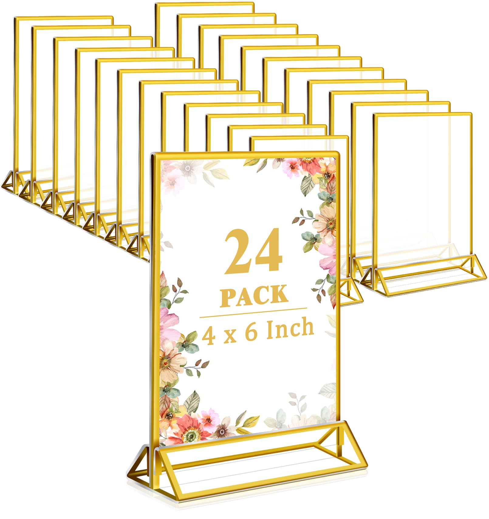 Jeffbaubl 24 Stück goldener Acryl-Schilderhalter, 10,2 x 15,2 cm großer goldener Rahmen, Kunststoffdisplay, transparenter Tischschildhalter mit vertikalem Ständer für Restaurant, Büro, Schule