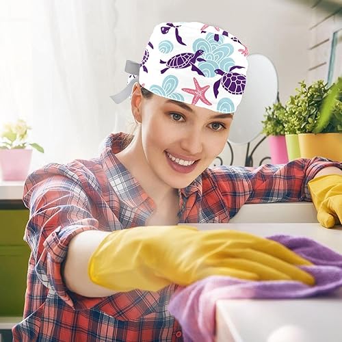Miniatura 5 de 2 gorras de trabajo para mujer con botón Ocean Turtle cubierta de pelo largo cinta con cordones