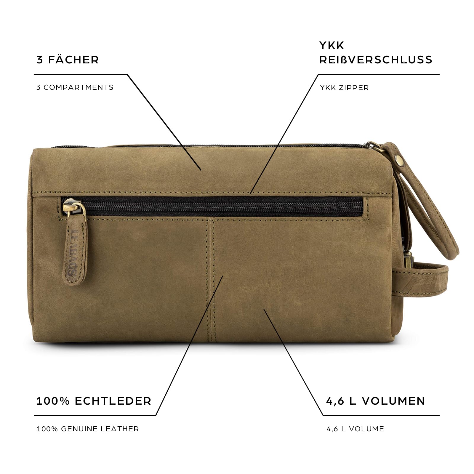 LEABAGS Grand Sac de Toilette en Cuir Premium pour Hommes | Trousse de Toilette à Suspendre spacieuse | Trousse de Maquillage, de Surveillance et de beauté