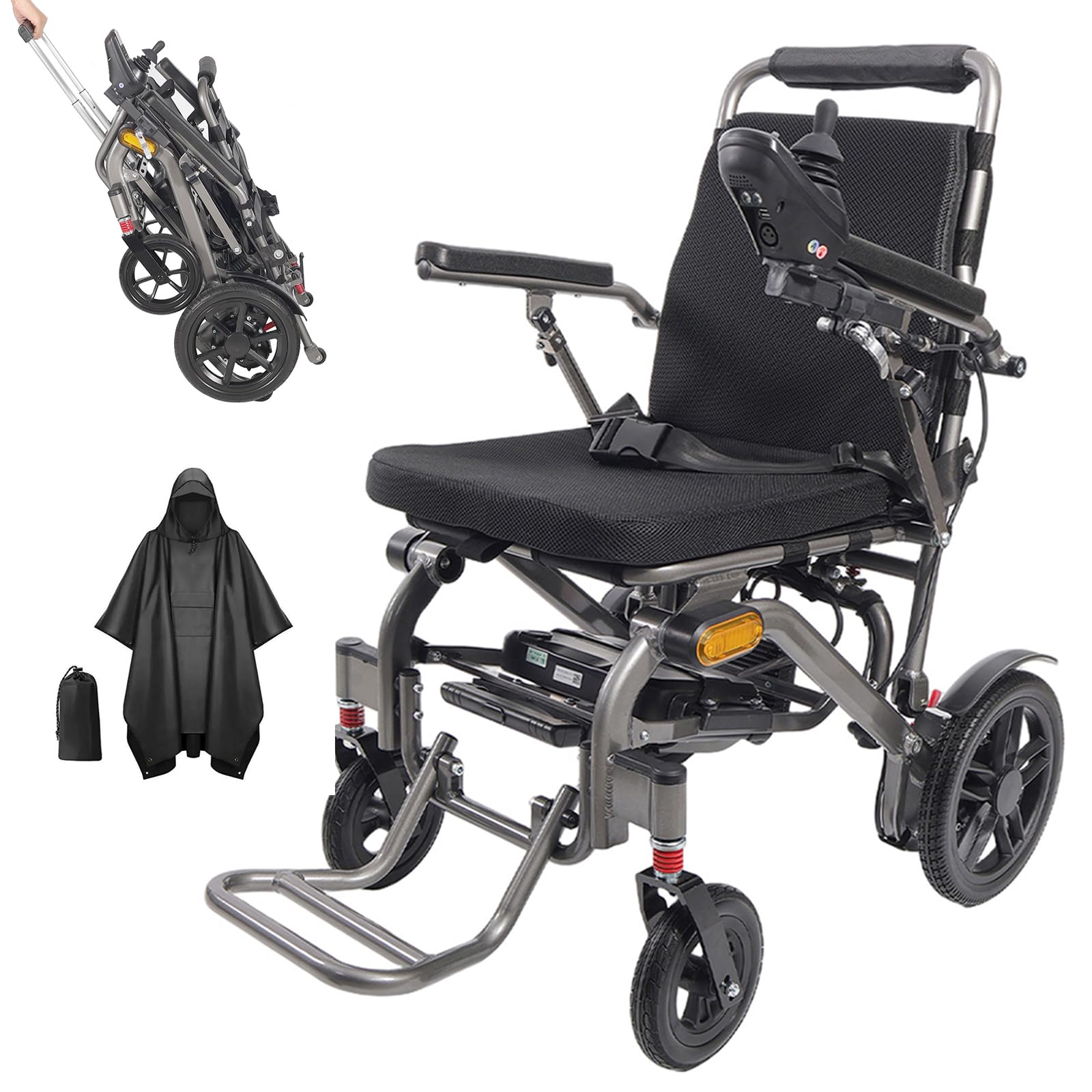 Sedia a Rotelle Elettrica Pieghevole per Adulti, Carrozzina Elettrica per Anziani, Motore 400W, Portata 150 kg, Freno Elettromagnetico, Approvata per il Trasporto Aereo (Con Poncho Antipioggia)