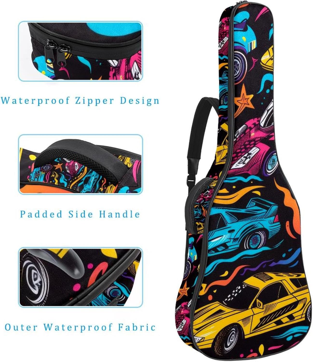Colorful Racing Doodle Pattern Guitar Gig Bag, Soft Padded Guitar Case with Back Hanger Loop and Side Handle for 40 41 42 Inch Acoustic Electric Bass Classical Guitars