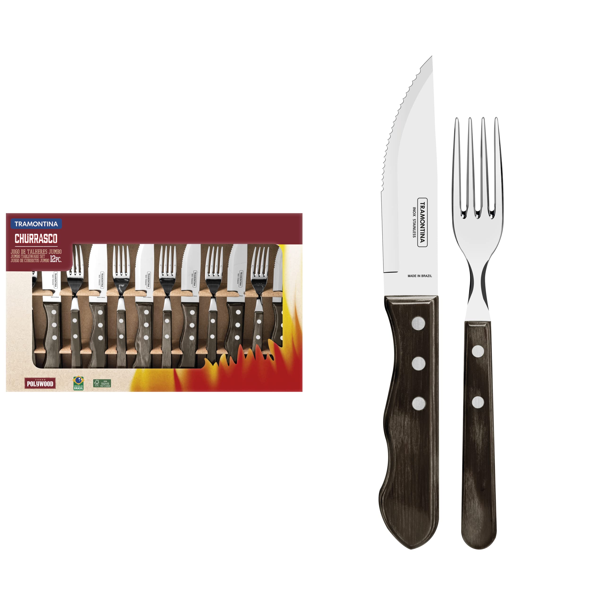 Tramontina Juego de 12 cubiertos para carne, AISI 420, madera auténtica, acero inoxidable, plata, 25.5
