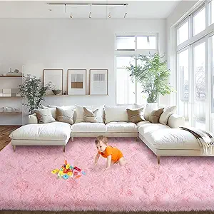 Pink Area Rugs 9x12 Living Room, Large Fluffy Rugs for Bedroom, Soft Carpet Shag Kids Room Rug, Non-Slip Fuzzy Rugs Indoor (9ft x 12ft, Pink)