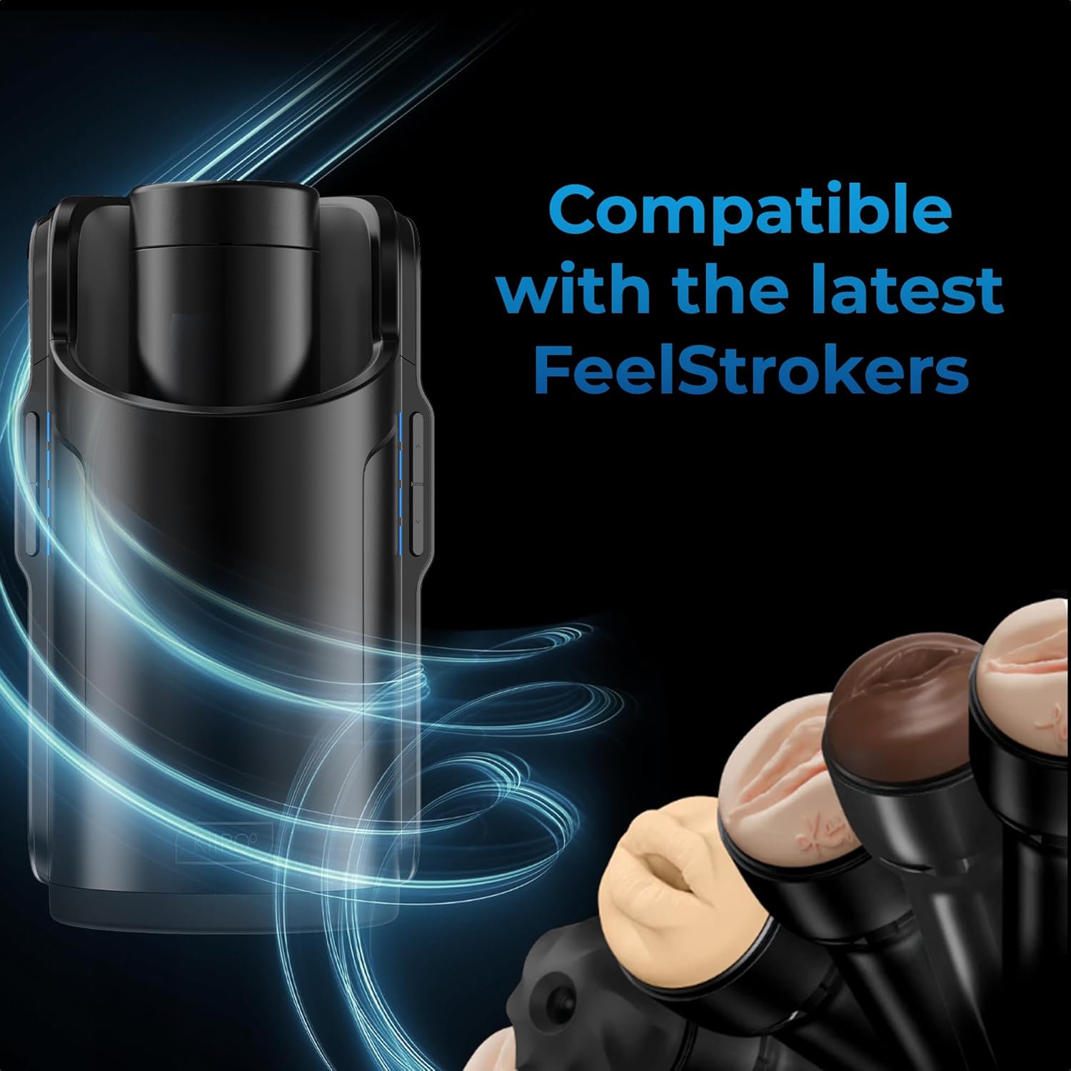 KIIROO Keon device shown alongside various FeelStroker sleeves, indicating compatibility.