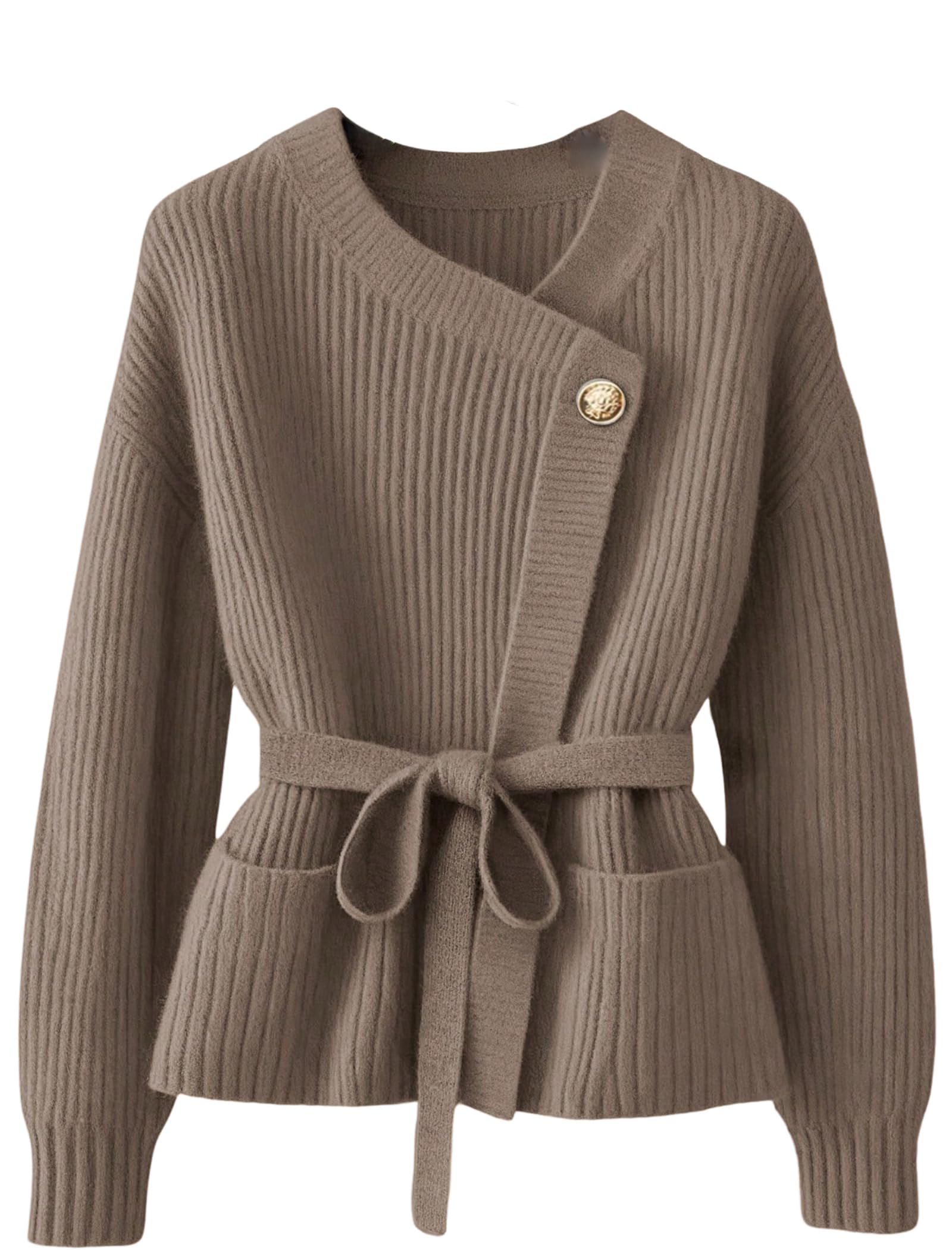 ZAFUL Elegant Cardigan Sweaters Long Sleeve Wrap V Neck Knit Sweater Belted Fall Business Outfits