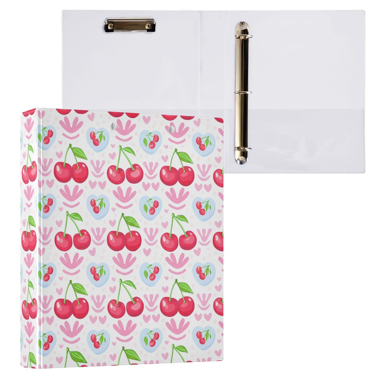 Raccoglitore ad anelli con 3 anelli, 3,8 cm, motivo ciliegie e cuori, con clip in metallo, formato A4, organizer per casa e ufficio, confezione da 2