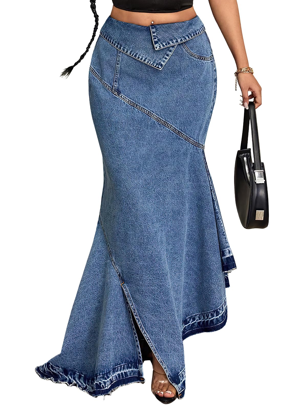 Womens Retro Hight Waist Denim Skirt Irregular Hemline Slit Jean Fishtail Skirt